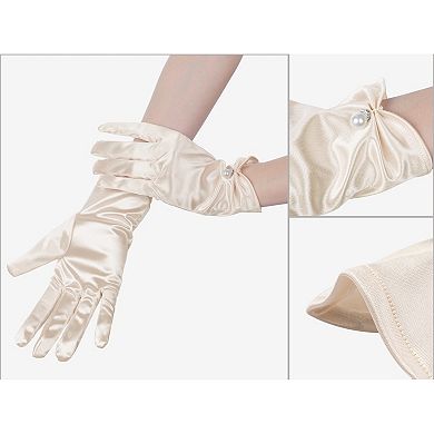 Women's Glove Satin Bead Decor Full Finger Short Gloves for Elegant Wedding