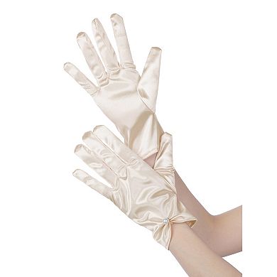 Women's Glove Satin Bead Decor Full Finger Short Gloves for Elegant Wedding