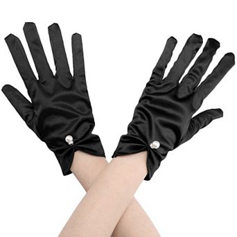 Women's Glove Satin Bead Decor Full Finger Short Gloves for Elegant Wedding