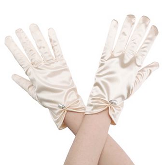 Women's Glove Satin Bead Decor Full Finger Short Gloves for Elegant Wedding