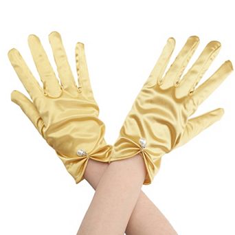 Women's Glove Satin Bead Decor Full Finger Short Gloves for Elegant Wedding