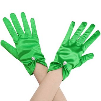 Women's Glove Satin Bead Decor Full Finger Short Gloves for Elegant Wedding