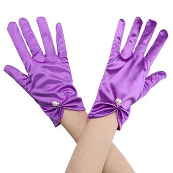 Women's Glove Satin Bead Decor Full Finger Short Gloves for Elegant Wedding