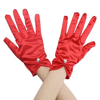 Women's Glove Satin Bead Decor Full Finger Short Gloves for Elegant Wedding