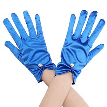 Women's Glove Satin Bead Decor Full Finger Short Gloves for Elegant Wedding