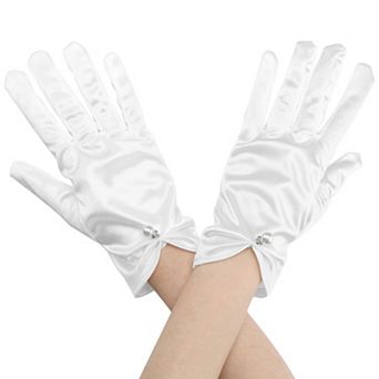 Women's Glove Satin Bead Decor Full Finger Short Gloves for Elegant Wedding