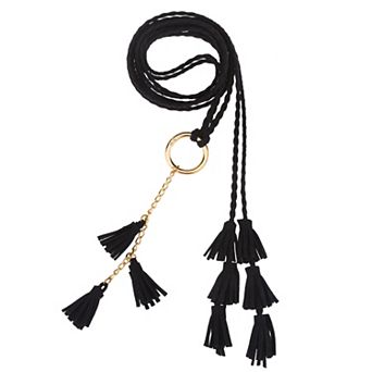 Women's Woven Braided Rope Belts Tassels Chain Thin Waistband with Metal Ring for Skirt Dress