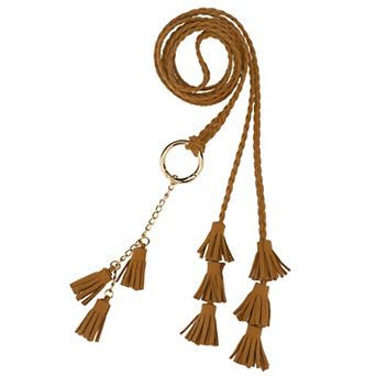 Women's Woven Braided Rope Belts Tassels Chain Thin Waistband with Metal Ring for Skirt Dress