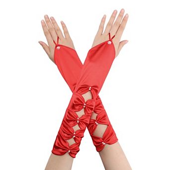 Women's Fingerless Gloves Elbow Satin Hollow Out Bow Beads with Finger Loop