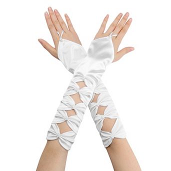 Women's Fingerless Gloves Elbow Satin Hollow Out Bow Beads with Finger Loop