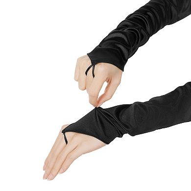 Women's Fingerless Sleeves Elbow Long Satin Gloves with Finger Loop for Wedding Party