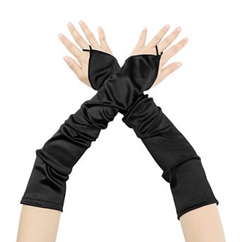 Women's Fingerless Sleeves Elbow Long Satin Gloves with Finger Loop for Wedding Party