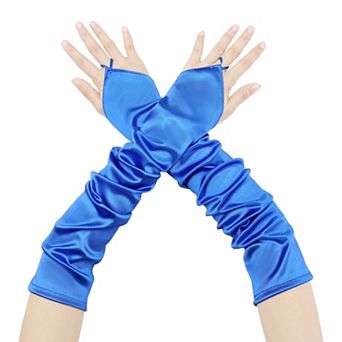 Women's Fingerless Sleeves Elbow Long Satin Gloves with Finger Loop for Wedding Party