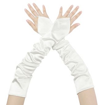 Women's Fingerless Sleeves Elbow Long Satin Gloves with Finger Loop for Wedding Party