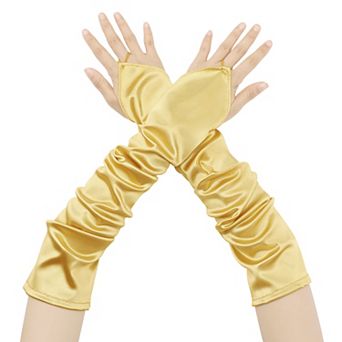 Women's Fingerless Sleeves Elbow Long Satin Gloves with Finger Loop for Wedding Party