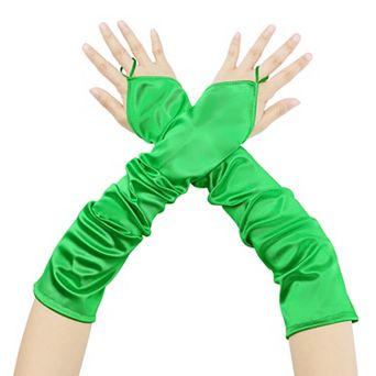 Women's Fingerless Sleeves Elbow Long Satin Gloves with Finger Loop for Wedding Party