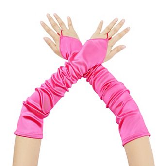 Women's Fingerless Sleeves Elbow Long Satin Gloves with Finger Loop for Wedding Party