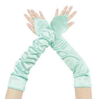 Women's Fingerless Sleeves Elbow Long Satin Gloves with Finger Loop for Wedding Party