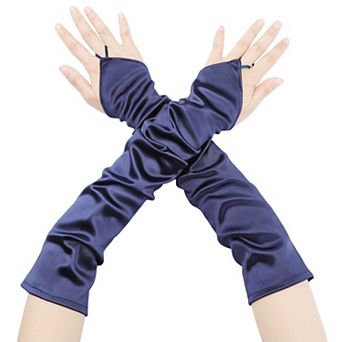 Women's Fingerless Sleeves Elbow Long Satin Gloves with Finger Loop for Wedding Party