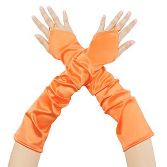 Women's Fingerless Sleeves Elbow Long Satin Gloves with Finger Loop for Wedding Party