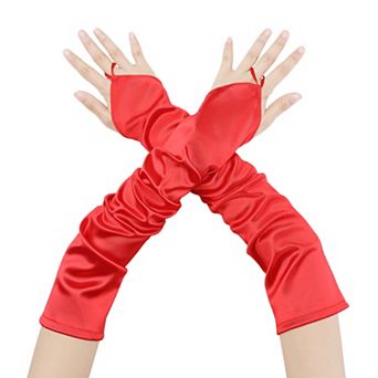 Women's Fingerless Sleeves Elbow Long Satin Gloves with Finger Loop for Wedding Party