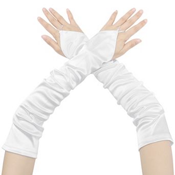 Women's Fingerless Sleeves Elbow Long Satin Gloves with Finger Loop for Wedding Party