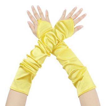 Women's Fingerless Sleeves Elbow Long Satin Gloves with Finger Loop for Wedding Party