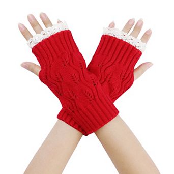 Women's Elastic Knit Gloves Thumb Hole Half Finger Cute Sleeves for Winter