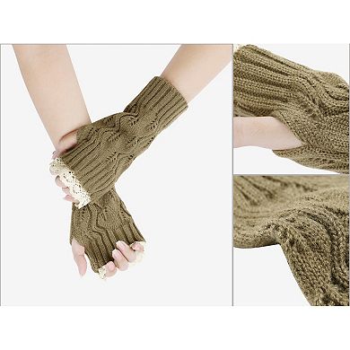 Women's Elastic Knit Gloves Thumb Hole Half Finger Cute Sleeves for Winter
