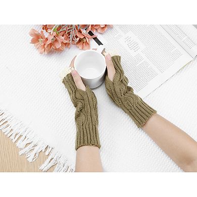 Women's Elastic Knit Gloves Thumb Hole Half Finger Cute Sleeves for Winter