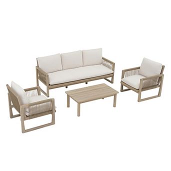 SUNSITT 4 pc Acacia Wood Patio Furniture Set with 3-Seat Sofa, 2 Rope Woven Chairs & Coffee Table