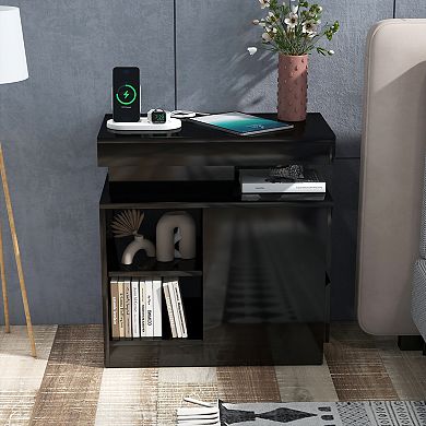SUNSITT LED End Table with Charging Station, Sofa Side Table with Drawer and Adjustable Shelf