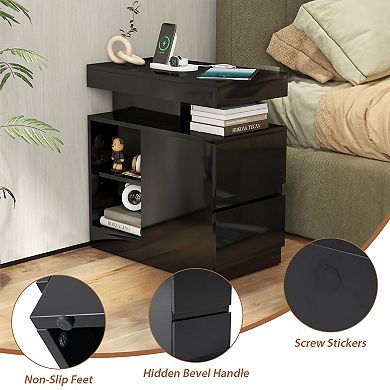 SUNSITT LED End Table with Charging Station, Sofa Side Table with Drawer and Adjustable Shelf