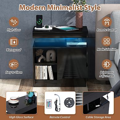 SUNSITT LED End Table with Charging Station, Sofa Side Table with Drawer and Adjustable Shelf