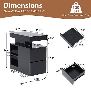 SUNSITT LED End Table with Charging Station, Sofa Side Table with Drawer and Adjustable Shelf