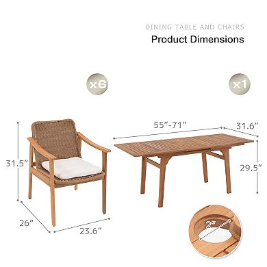 SUNSITT 7-Piece Outdoor Patio Dining Set 55" - 71" Acacia Wood Expandable Table Set with 6 Chairs