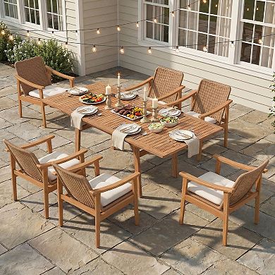 SUNSITT 7-Piece Outdoor Patio Dining Set 55" - 71" Acacia Wood Expandable Table Set with 6 Chairs