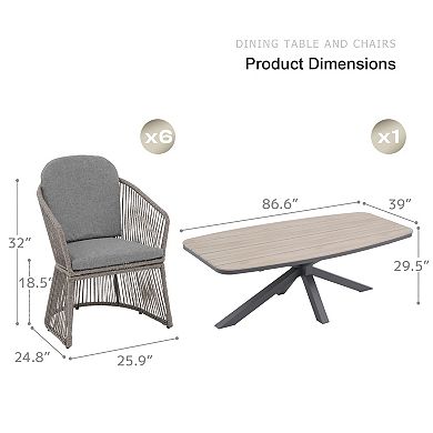 SUNSITT 7 Piece Outdoor Patio Dining Set with Aluminum Dining Table X Base Legs & 6 Chairs Dark Grey