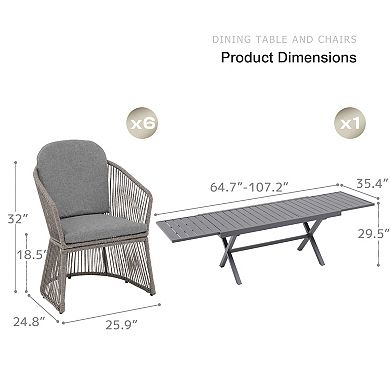 SUNSITT 7 Piece Patio Dining Set 65" - 107" Metal Expandable Dining Table w/ 6 Chairs Dark Grey
