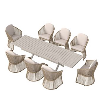 SUNSITT 9 pc Patio Dining Set 65" - 107" Metal Expandable Dining Table w/ 8 Chairs Beige