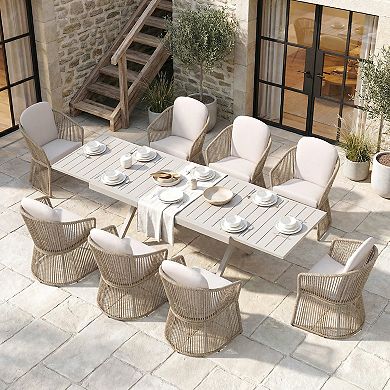 SUNSITT 9 Piece Patio Dining Set 65" - 107" Metal Expandable Dining Table w/ 8 Chairs Beige