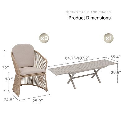 SUNSITT 9 Piece Patio Dining Set 65" - 107" Metal Expandable Dining Table w/ 8 Chairs Beige