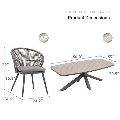 SUNSITT 9 Piece Outdoor Patio Dining Set with Aluminum Dining Table X Base Legs & 8 Chairs Dark Grey