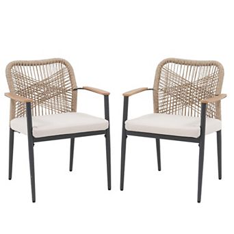 SUNSITT Patio Dining Chair Set of 2, Woven Wicker Outdoor Chairs with Faux Wood Grain Armrest