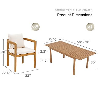 SUNSITT 9-Piece Outdoor Patio Dining Set, 59" - 79" Acacia Wood Expandable Table Set & 8 Chairs