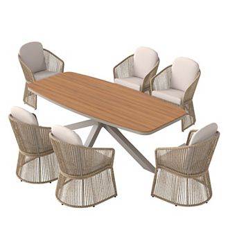 SUNSITT 7 pc Outdoor Patio Dining Set with Aluminum Dining Table X Base Legs & 6 Chairs Beige