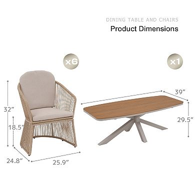 SUNSITT 7 Piece Outdoor Patio Dining Set with Aluminum Dining Table X Base Legs & 6 Chairs Beige
