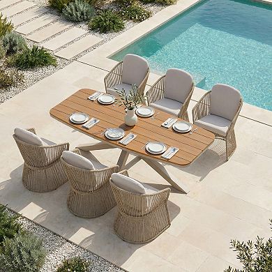 SUNSITT 7 Piece Outdoor Patio Dining Set with Aluminum Dining Table X Base Legs & 6 Chairs Beige