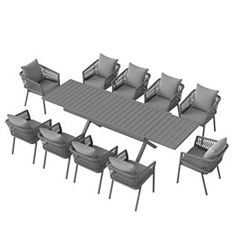 SUNSITT 11 pc Patio Dining Set 65" - 107" Metal Expandable Dining Table w/ 10 Chairs Dark Grey