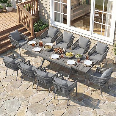 SUNSITT 11 Piece Patio Dining Set 65" - 107" Metal Expandable Dining Table w/ 10 Chairs Dark Grey